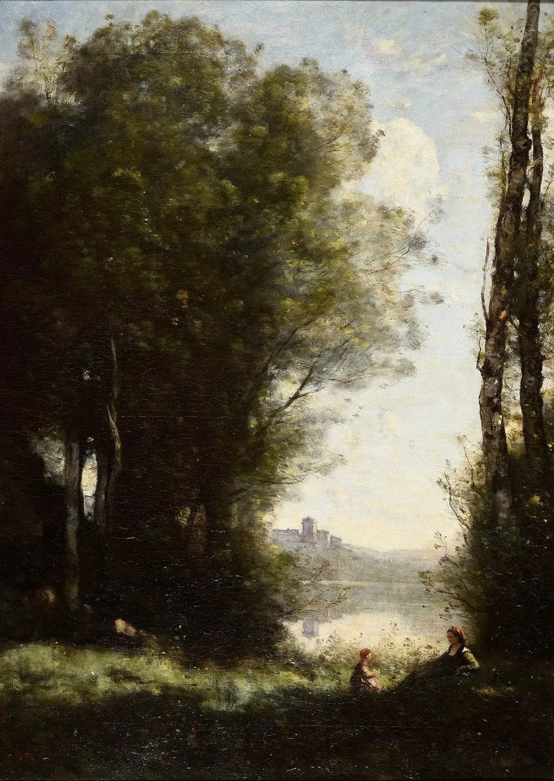 Dwie siostry pod drzewami nad brzegiem jeziora - Jean-Baptiste Camille Corot