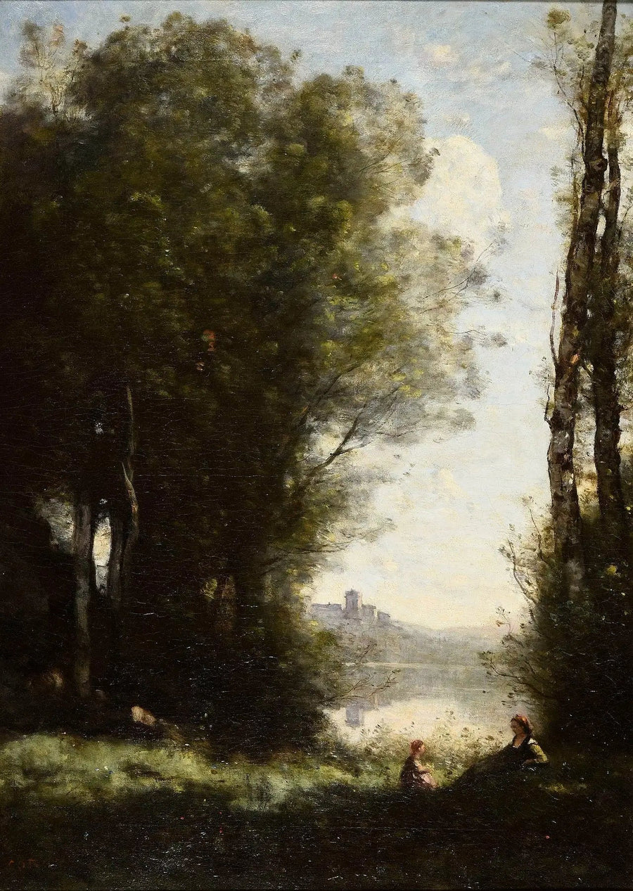 Dwie siostry pod drzewami nad brzegiem jeziora - Jean-Baptiste Camille Corot