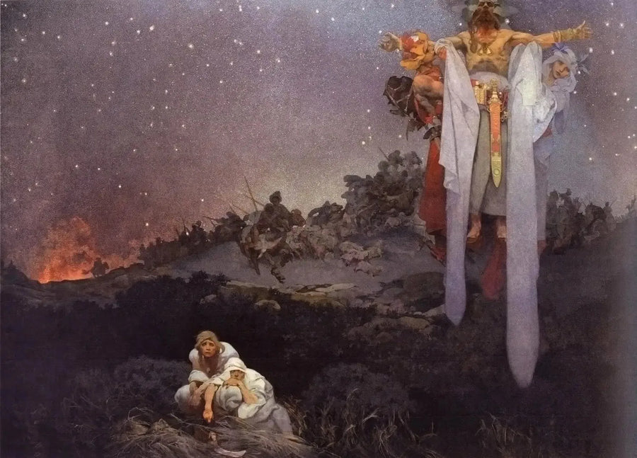 Niewolnicy na ich prehistorycznym miejscu - Alphonse Mucha