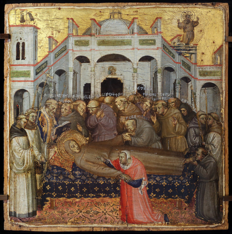 Pogrzeb świętego Franciszka: weryfikacja stygmatów w obecności pierwszych braci franciszkanów, Sylwester, Anioł, Leon, Filip, Piotr, Bernard, Sabatyn, Barbaro, Gile, Masseus, Maurycy. - Bicci di Lorenzo