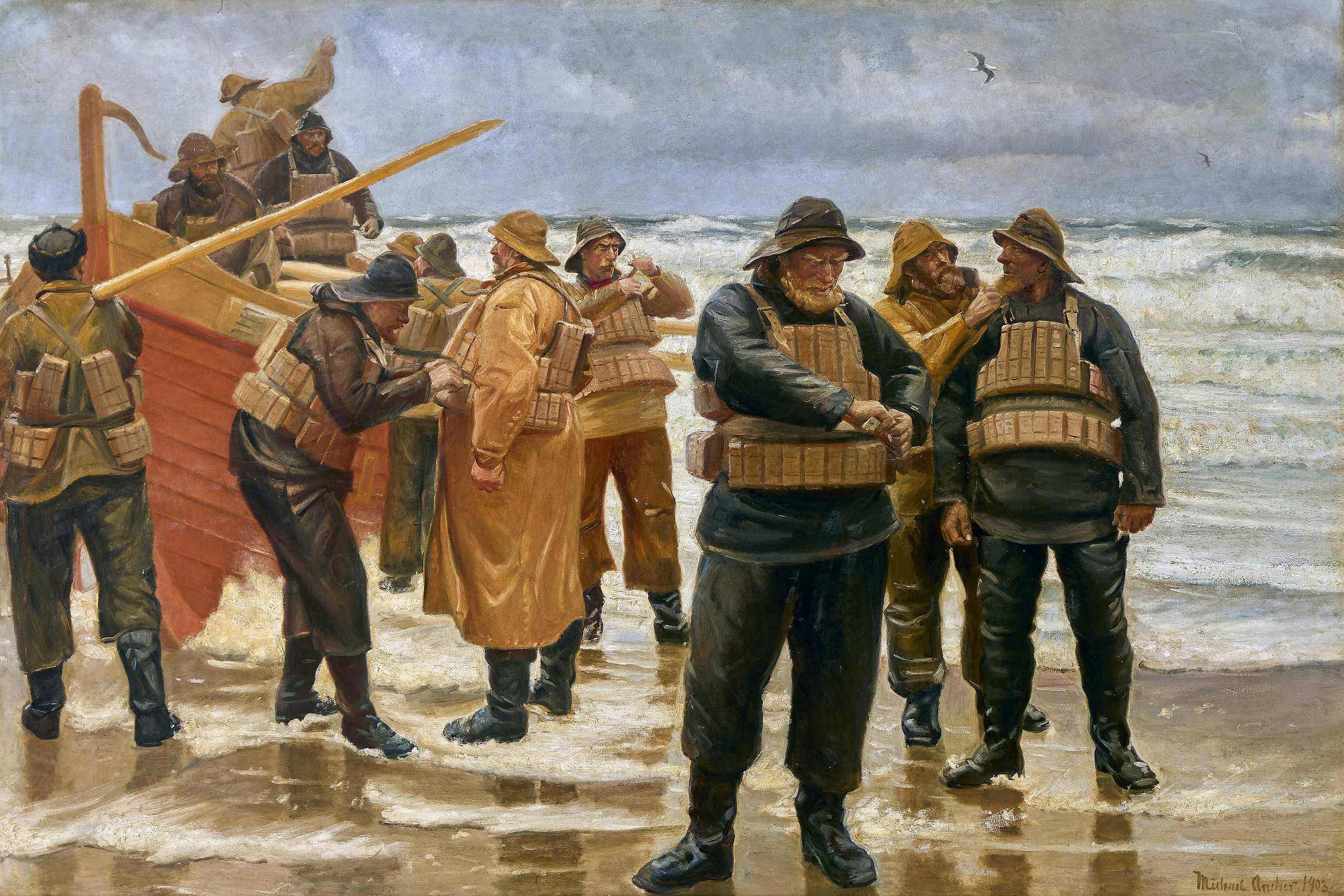 Les gilets de sauvetage sont attachés. - Michael Peter Ancher image 1 copie peinte à la main à l’huile