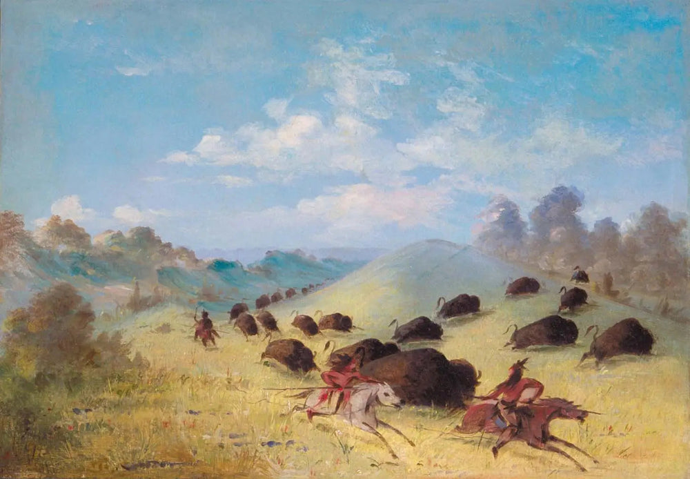 Les Indiens Comanches chassant le bison avec des lances et des arcs - George Catlin image 1 copie peinte à la main à l’huile