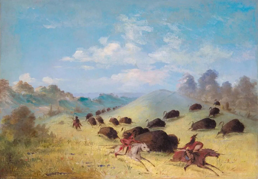 Indianie Komanczowie polujący na bizona za pomocą włóczni i łuków - George Catlin