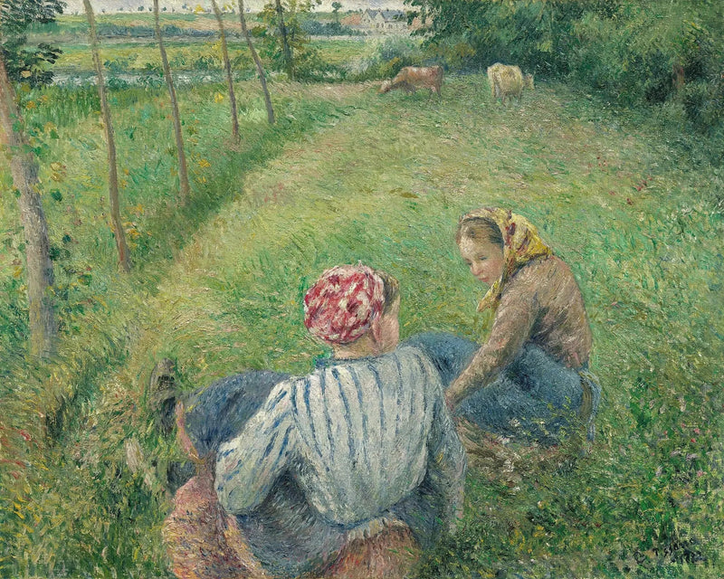 Młode wiejskie dziewczyny odpoczywające na polach w pobliżu Pontoise - Camille Pissarro