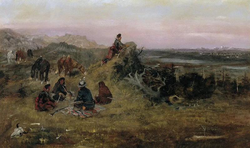 Les Piégans przygotowują się do kradzieży koni kruków - Charles Marion Russell