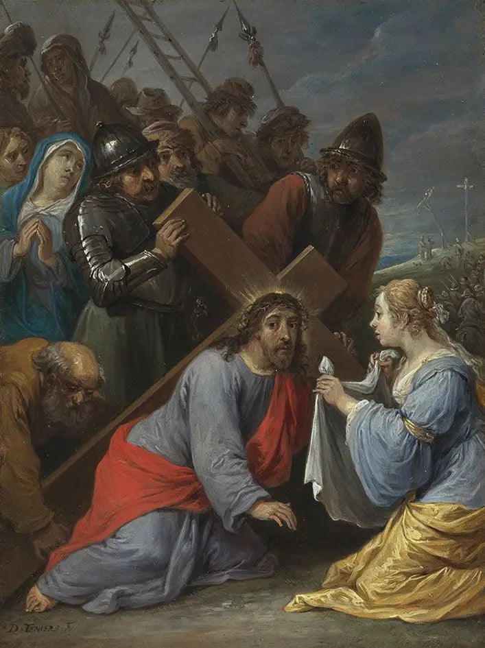 Quinze sekretów różańca: dźwiganie krzyża przez Chrystusa z spotkaniem z Weroniką - David Teniers młodszy