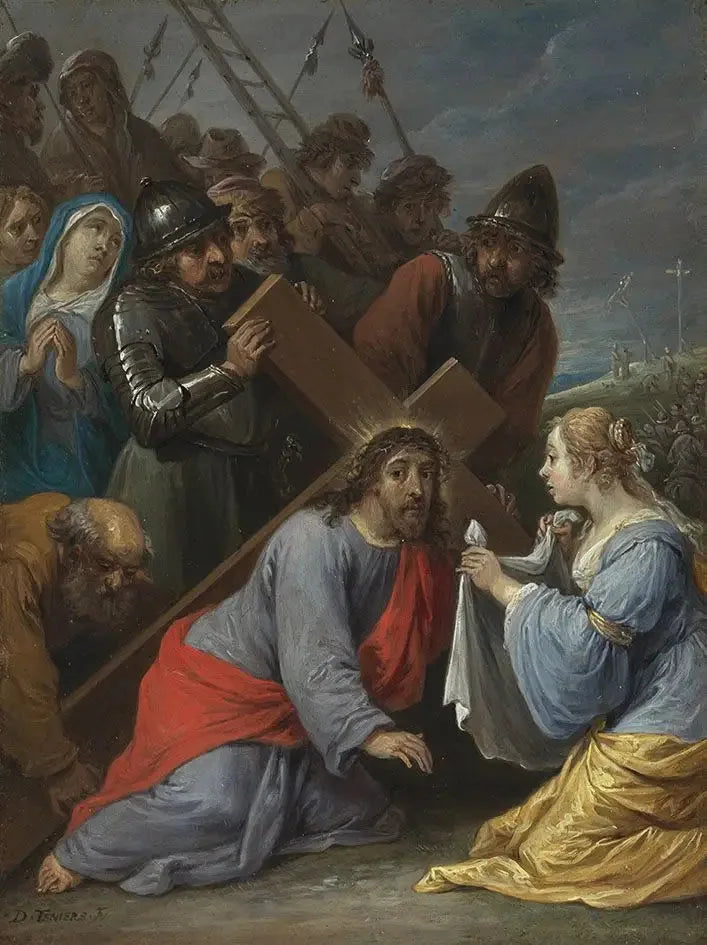 Quinze sekretów różańca: dźwiganie krzyża przez Chrystusa z spotkaniem z Weroniką - David Teniers młodszy