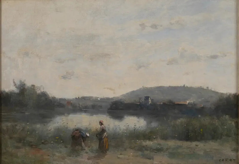 Brzegi rzeki z daleka dominowane przez wzgórza - Jean-Baptiste Camille Corot