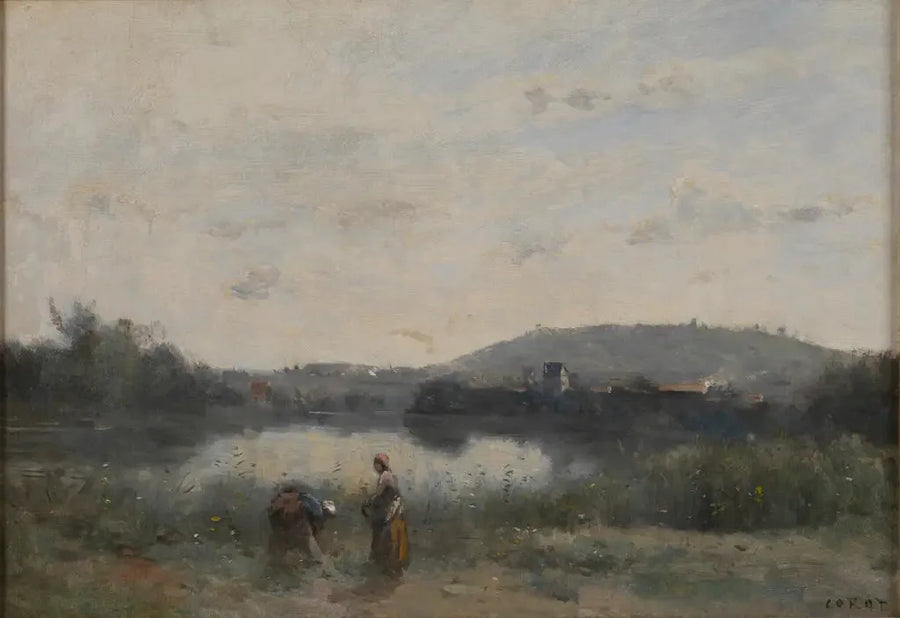 Brzegi rzeki z daleka dominowane przez wzgórza - Jean-Baptiste Camille Corot
