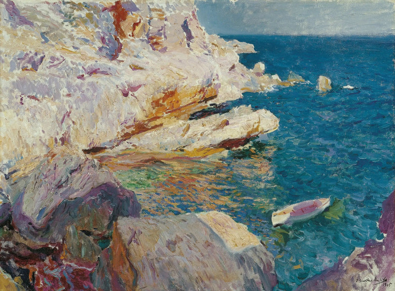 Skały z Jávea i biały statek - Joaquín Sorolla