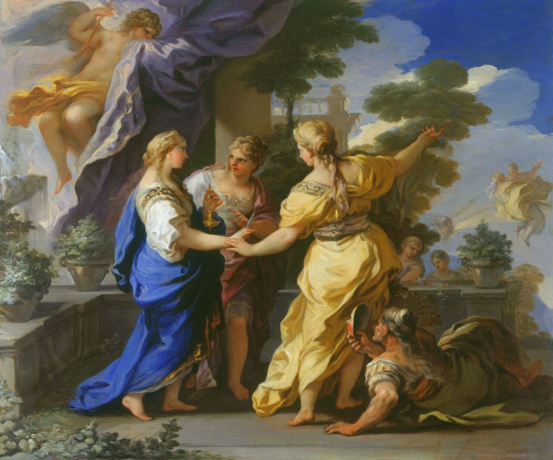 Siostry Psyché ofiarowują jej lampę i sztylet. - Luca Giordano
