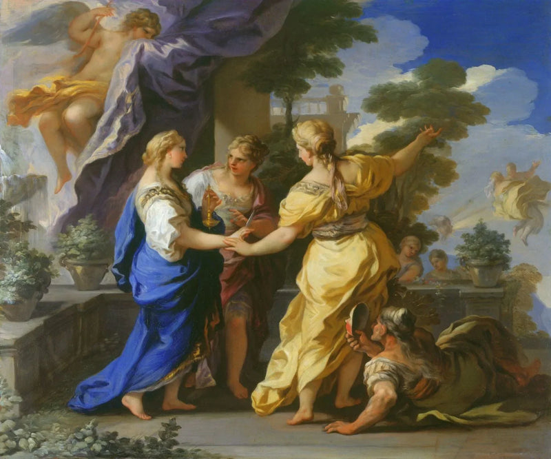 Siostry Psyché ofiarowują jej lampę i sztylet. - Luca Giordano