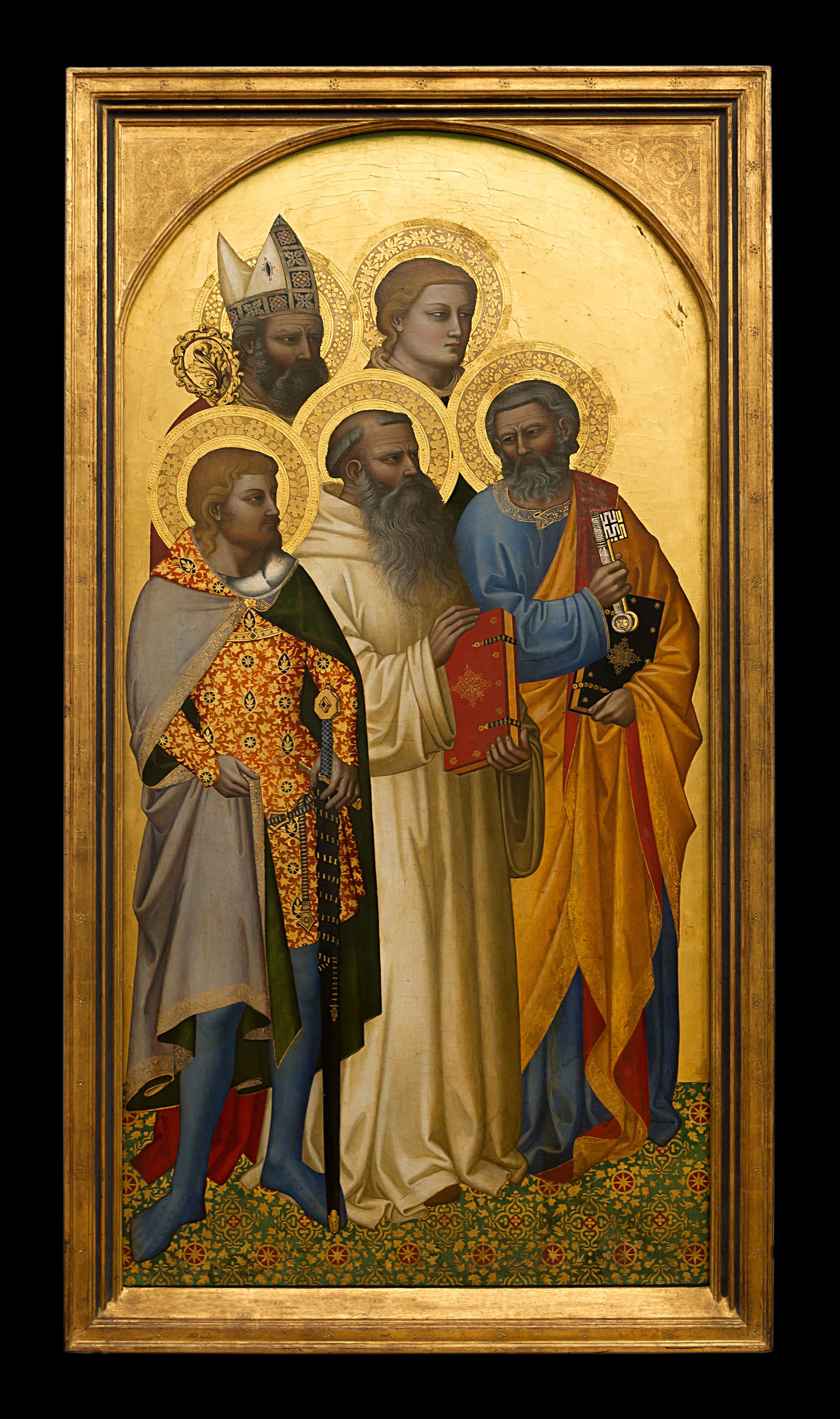 les Saints Pierre Benoît Julien (?) Etienne (?) et un saint évêque (Nicolas de Bari ?). - Nardo di Cione - Alpha