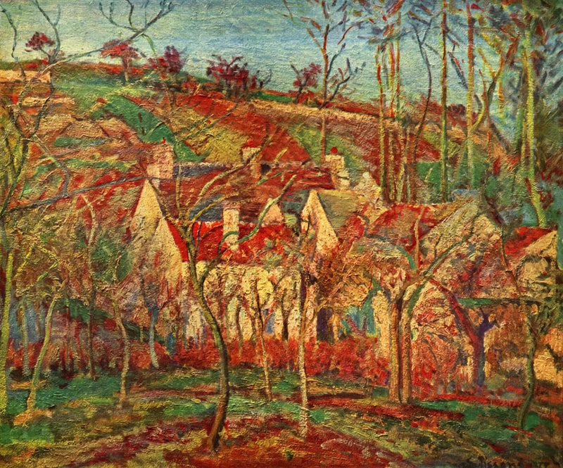 Czerwone dachy, zakątek wioski, efekt zimy - Camille Pissarro