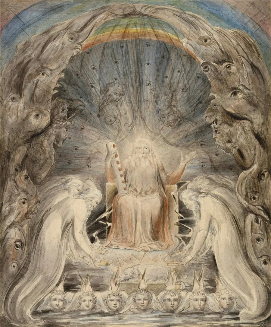 Dwudziestu czterech starców składających swoje korony przed tronem boskim - William Blake