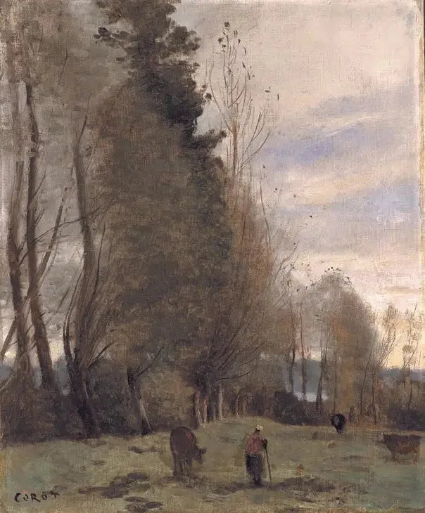 Miejsce odpoczynku na ranczu, chłop i trzy krowy - Jean-Baptiste Camille Corot