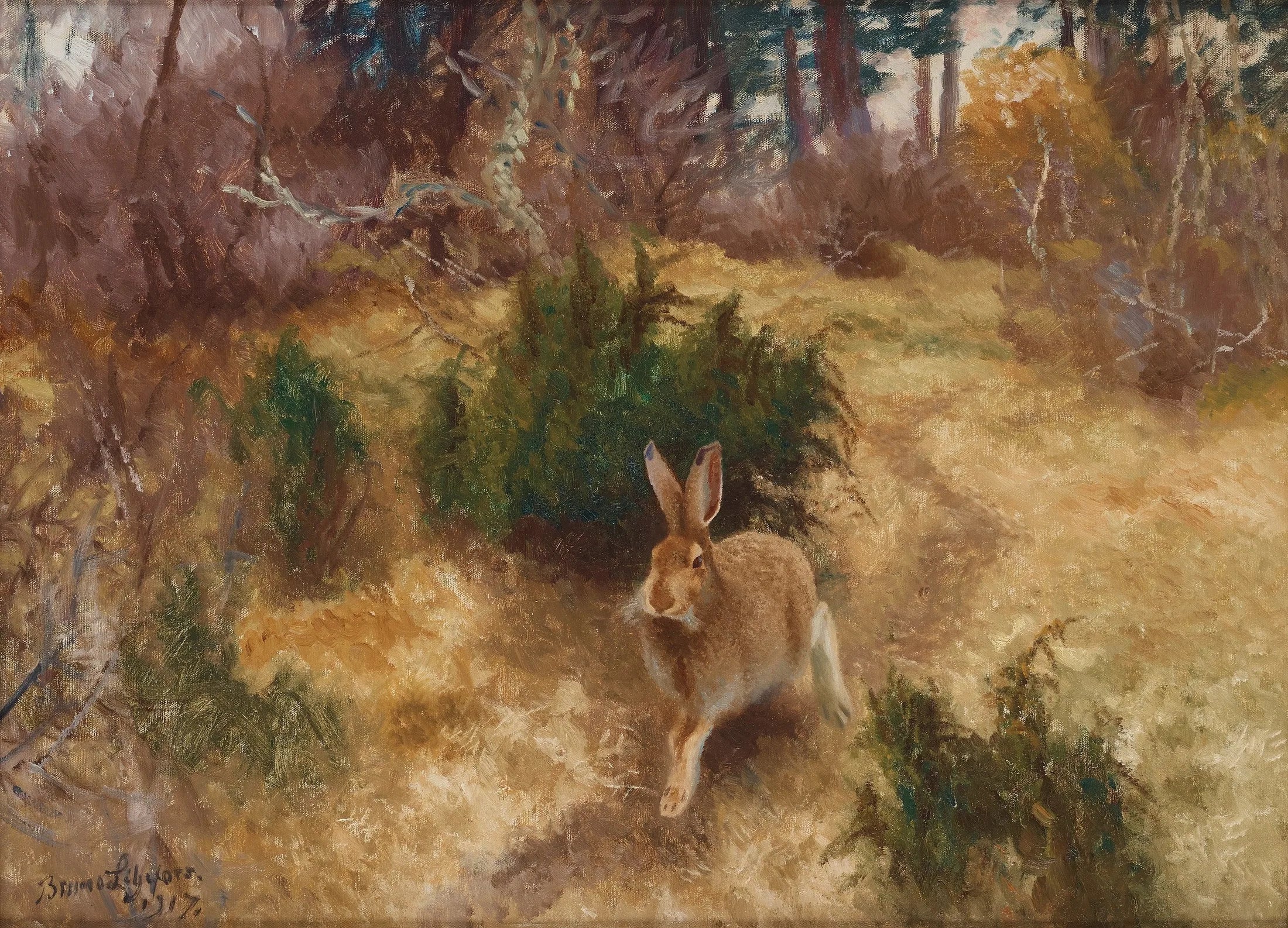 Lièvre dans un paysage d'automne - Bruno Liljefors image 1 reproduction de peinture à l’huile