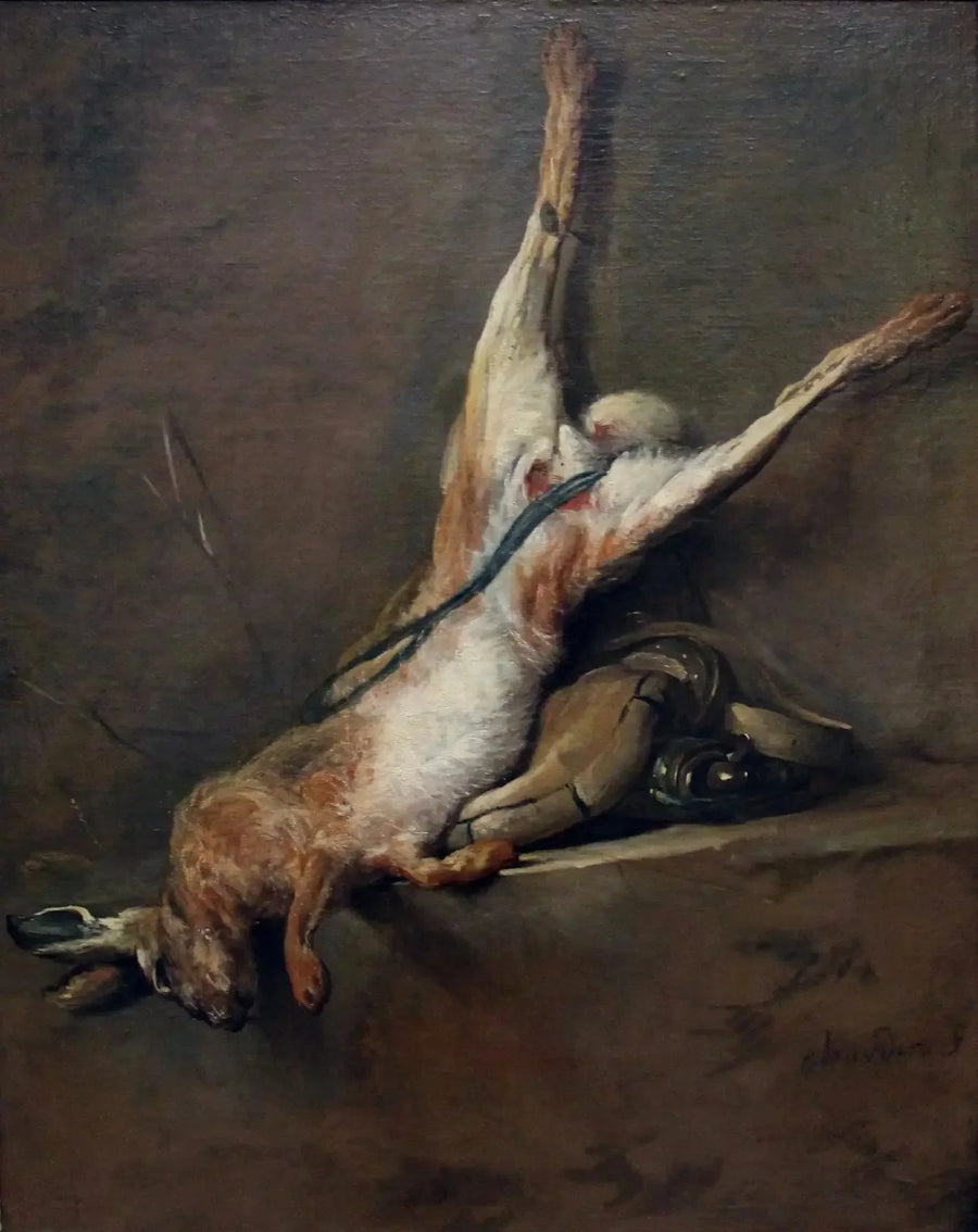Martwa zając z gruszką do proszku i sakiewką - Jean Simeón Chardin
