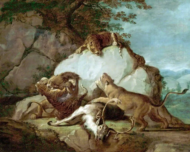 Lwy i tygrysy walczące o jelenia - George Stubbs