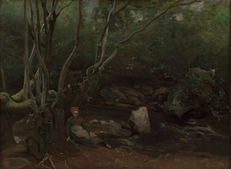 Lormes, Siedząca pasterka przy brzegu potoku w lesie - Jean-Baptiste Camille Corot