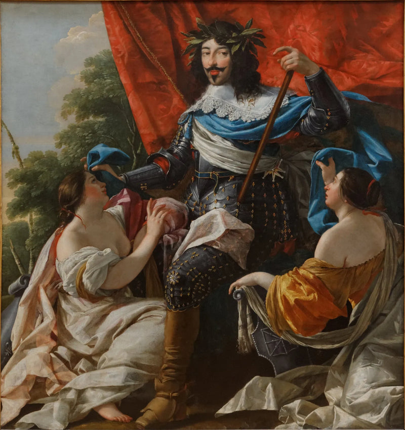 Louis XIII między dwiema postaciami kobiet symbolizującymi Francję i Nawarrę - Simon Vouet