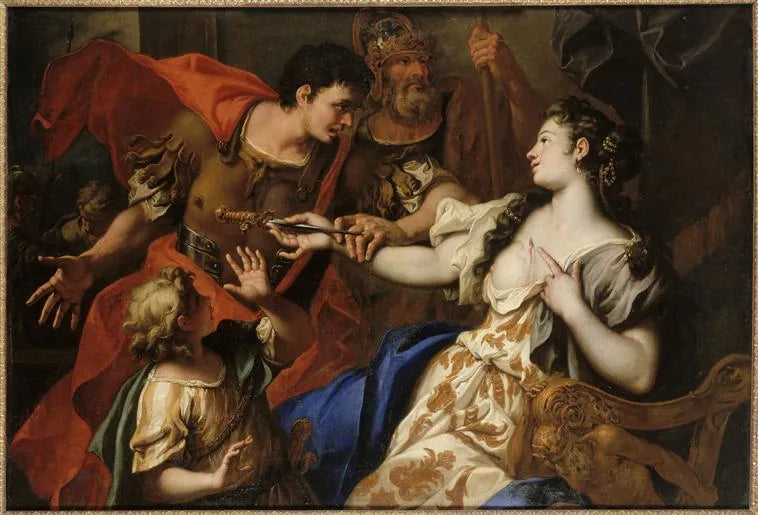 Lucrezia popełniająca samobójstwo na oczach ojca Lucretiusa i męża Tarquiniusza Collatinusa - Sebastiano Ricci