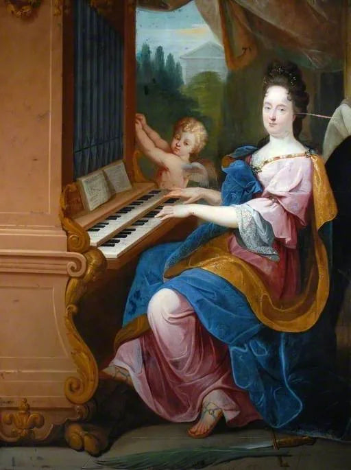 Madame de Maintenon w roli Świętej Cecylii oraz chłopak (może książę Maine) w roli anioła dmuchającego do organów - Jean-Baptiste Jouvenet