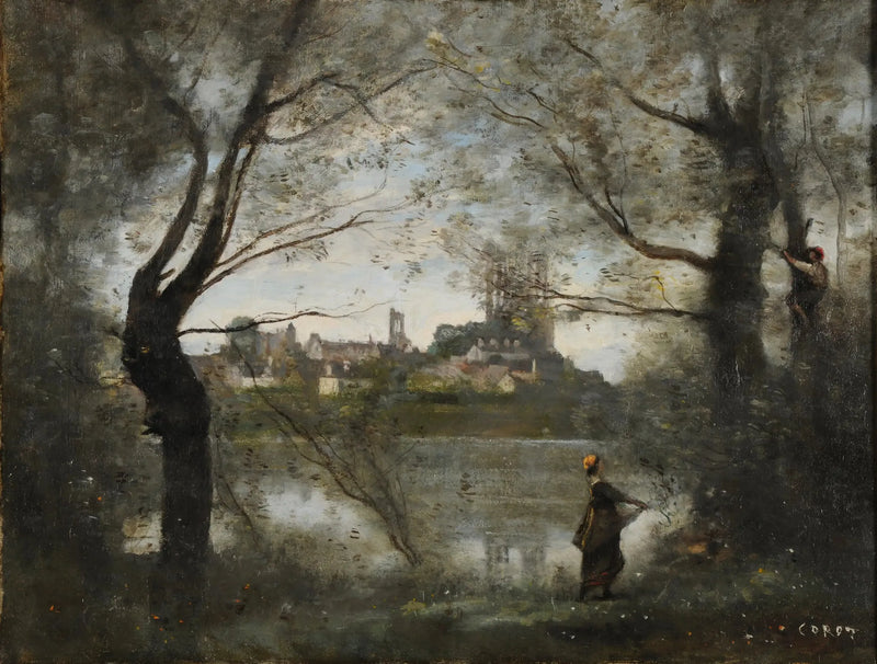 Mantes, katedra i miasto widziane przez drzewa, wieczorem - Jean-Baptiste Camille Corot