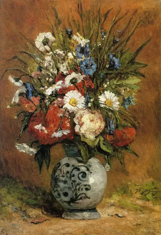 Margerytki i piwonie w niebieskim wazonie - Paul Gauguin
