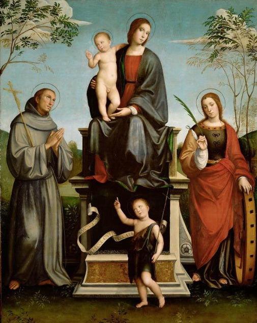 Maria z Dzieciątkiem, święty Franciszek, święta Katarzyna i młody święty Jan Chrzciciel - Francesco Francia