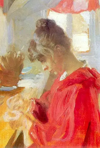 Marie siedzi przy stole, szyjąc - Peder Severin Krøyer