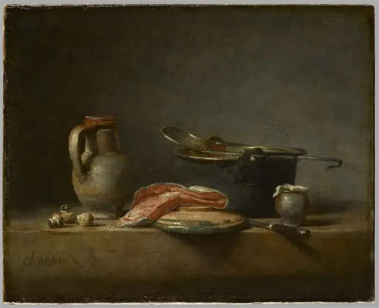 Miedziany garnek, cedzak, dzbanek i plaster łososia - Jean Simeón Chardin
