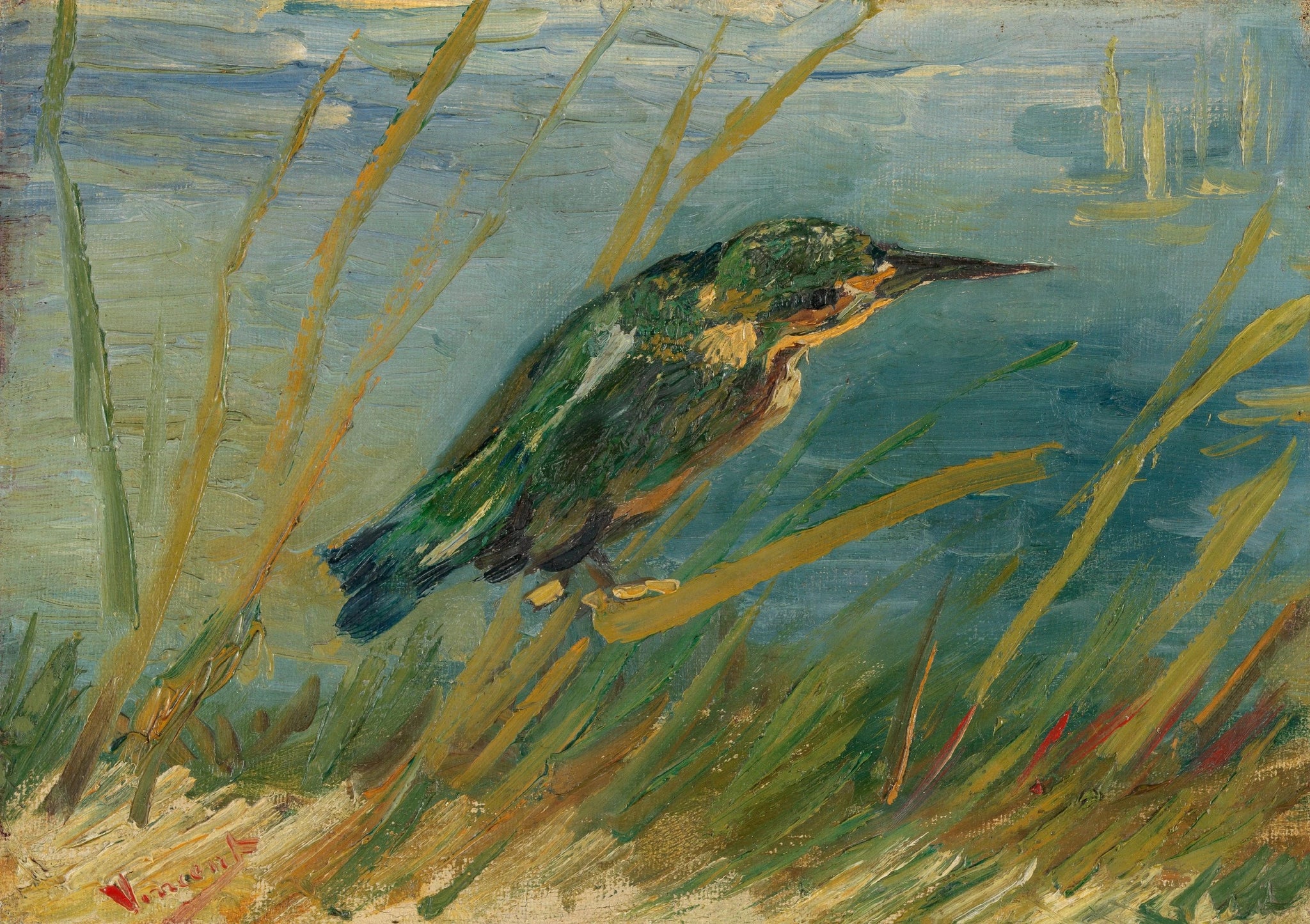 Martin-pêcheur au bord de l’eau, F28 — oiseau bleu posé sur un roseau peint par Vincent van Gogh