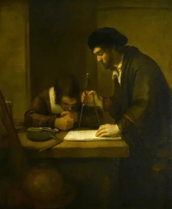 Matematyk, uczony z dzielnikami i ekierką przy stole w swoim biurze, wspierany przez ucznia - Rembrandt