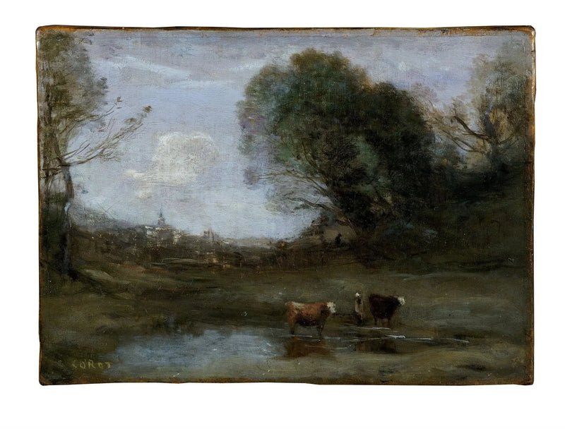 Poranek: Pejzaż z dwoma krowami i sylwetką - Jean-Baptiste Camille Corot