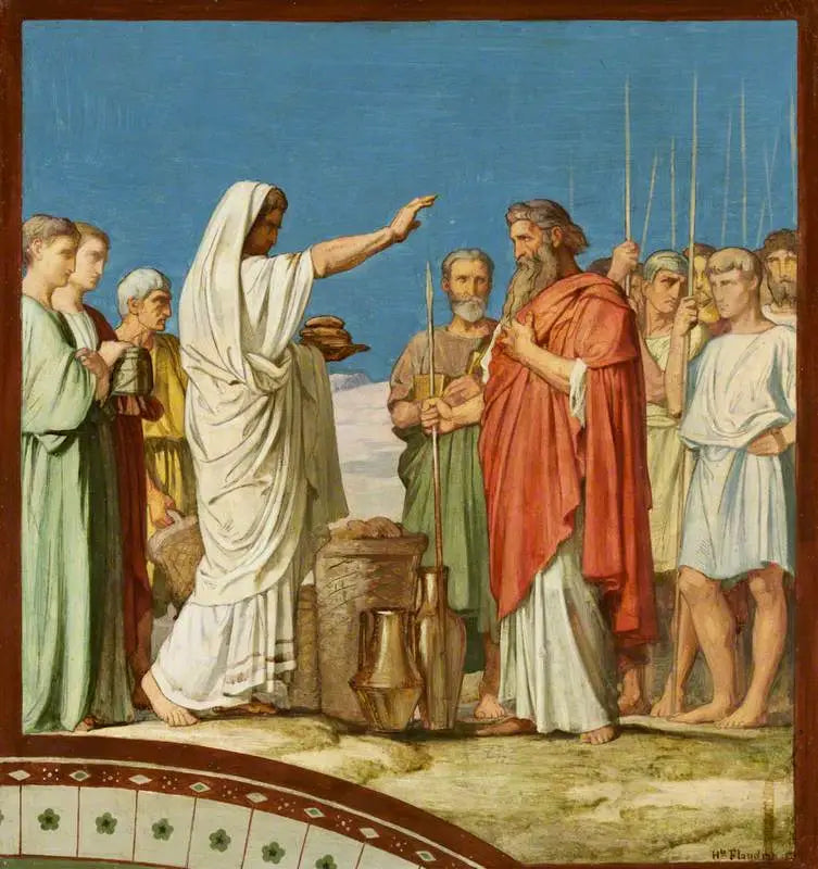 Melchisédech ofiarowujący chleb i wino, błogosławiący Abrahama: Model do fresku na lewym nawie kościoła Saint-Germain-des-Prés w Paryżu, 1859 (Melchisédek błogosławi Abrahama i ofiarowuje chleb i wino) - Hippolyte Flandrin