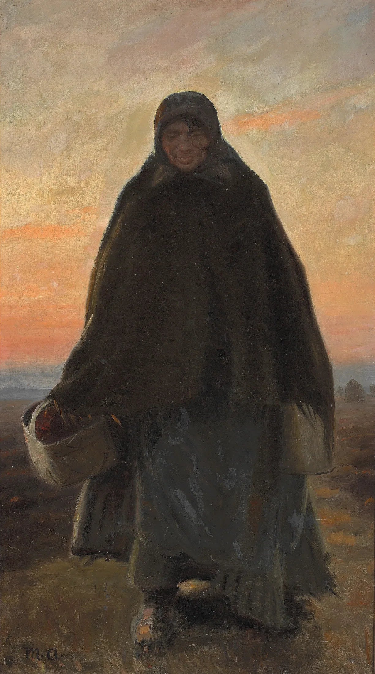 Merry Elsie rentre chez elle à pied en traversant la lande dans la lumière du soir. - Michael Peter Ancher image 1 copie peinte à la main à l’huile
