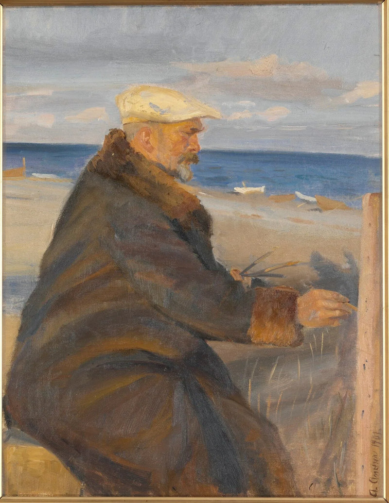 Michael Ancher malujący na plaży (Michael Ancher rysujący na plaży) - Anna Ancher