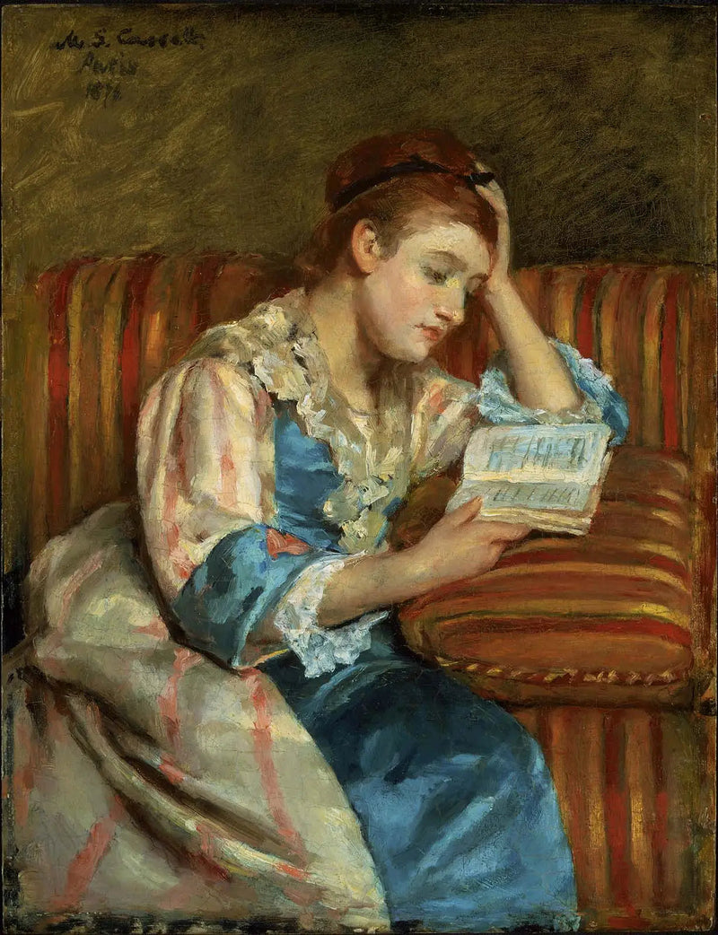 Pani Duffee siedząca na pasiastym kanapie, czytająca - Mary Cassatt