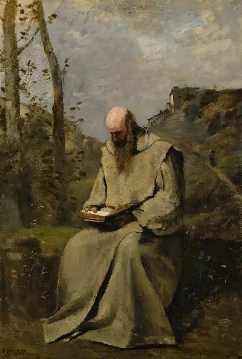 Siedzący mnich czytający - Jean-Baptiste Camille Corot