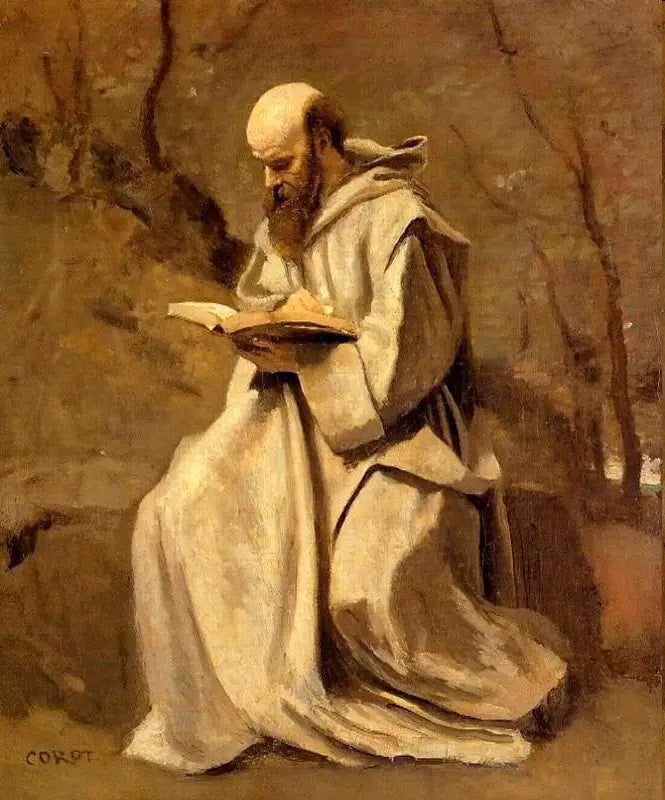 Biały mnich, siedzący, czytający - Jean-Baptiste Camille Corot