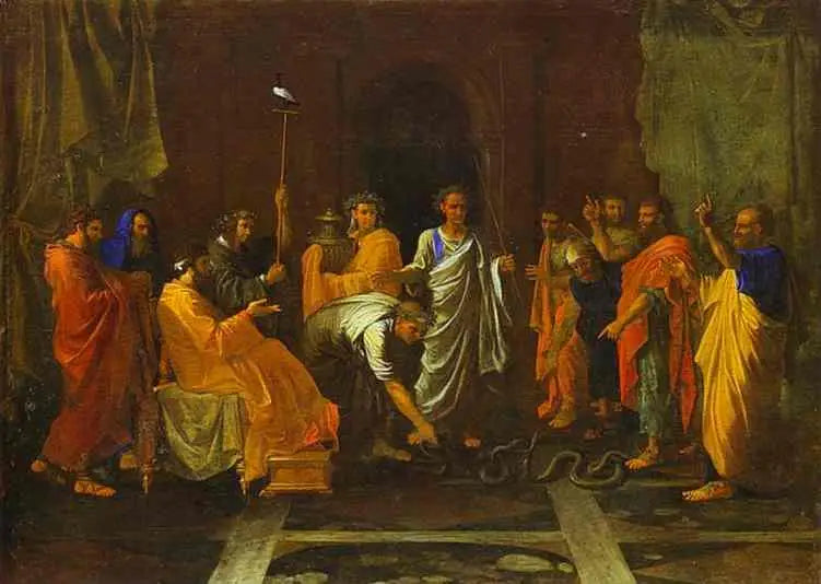 Mojżesz przemieniający różdżkę Aarona w węża - Nicolas Poussin