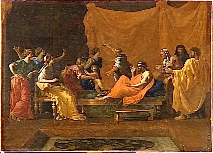 Moïse enfant foulant aux pieds la couronne de Pharaon - Nicolas Poussin image 1 reproduction de peinture à l’huile