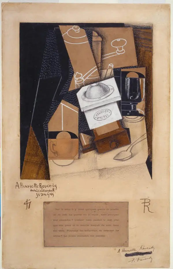 Młynek do kawy, filiżanka i szklanka na stole - Juan Gris