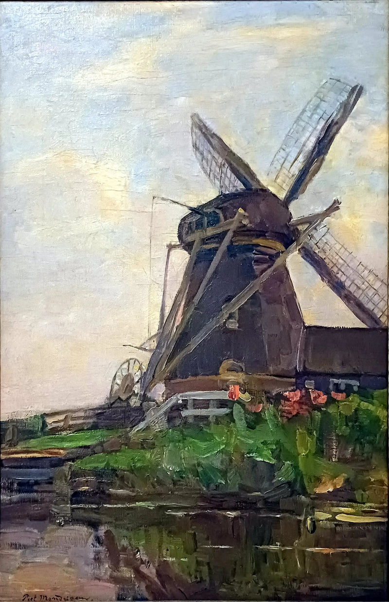 Młyn Oostzijdse, pionowy szkic olejny z niebieskim niebem - Piet Mondrian