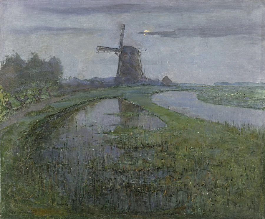 Młyn Oostzijdse wzdłuż rzeki Gein w blasku księżyca - Piet Mondrian