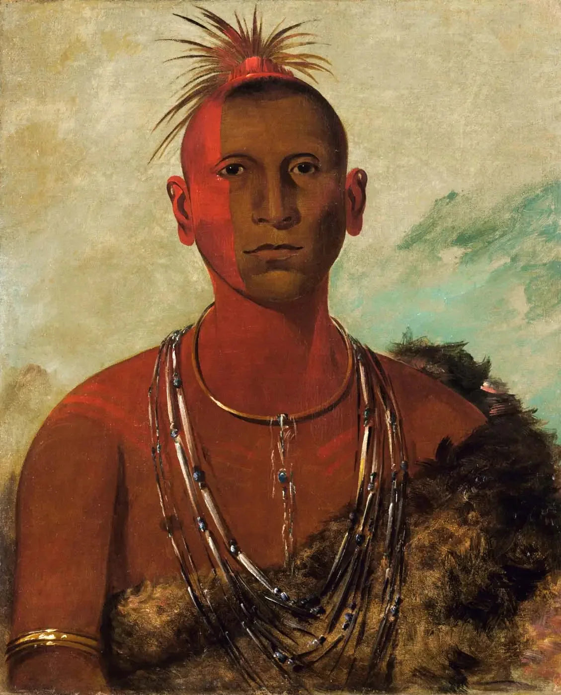 Náh-se-ús-kuk, Tonnerre tourbillonnant, fils aîné du Faucon noir - George Catlin image 1 copie de tableau peinte à la main