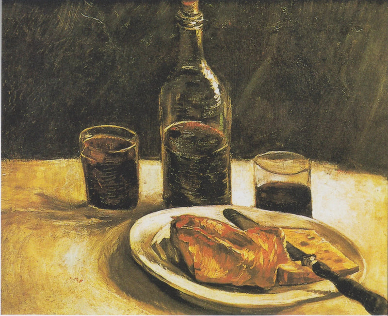 Martwa natura z butelką, dwoma kieliszkami, serem i chlebem - Vincent van Gogh