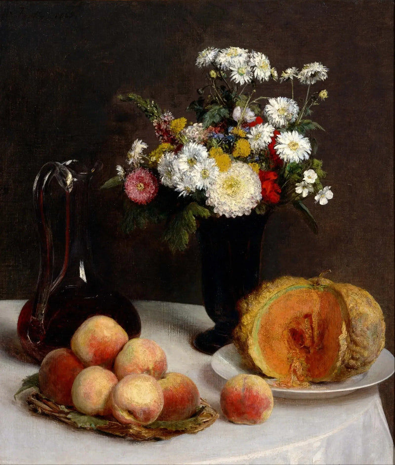 Martwa natura z karafką, kwiatami i owocami - Henri Fantin-Latour