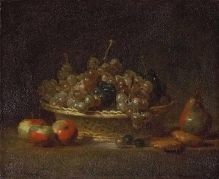 Martwa natura z koszem rodzynek, z trzema jabłkami, gruszką i dwoma massepainami - Jean Simeón Chardin